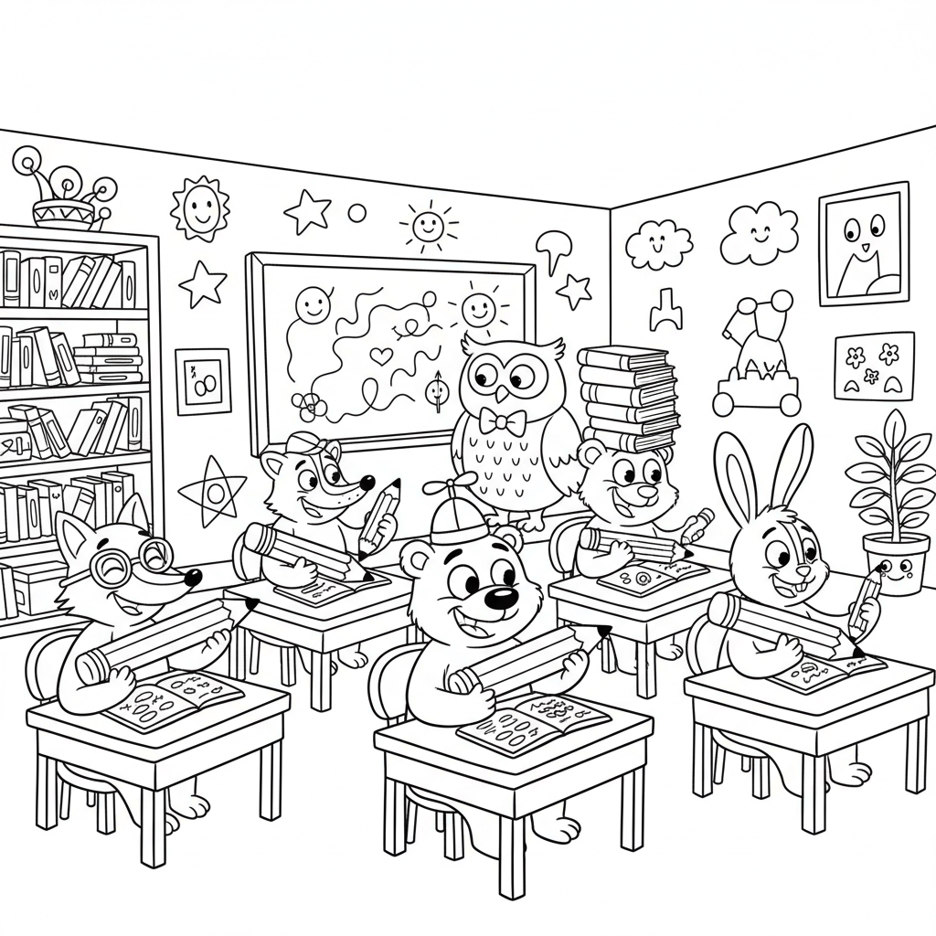 Scena w klasie z biurkami, krzesłami i szczęśliwymi uczniami pracującymi w ciszy, kolorowanka dla dzieci, czarne kontu...