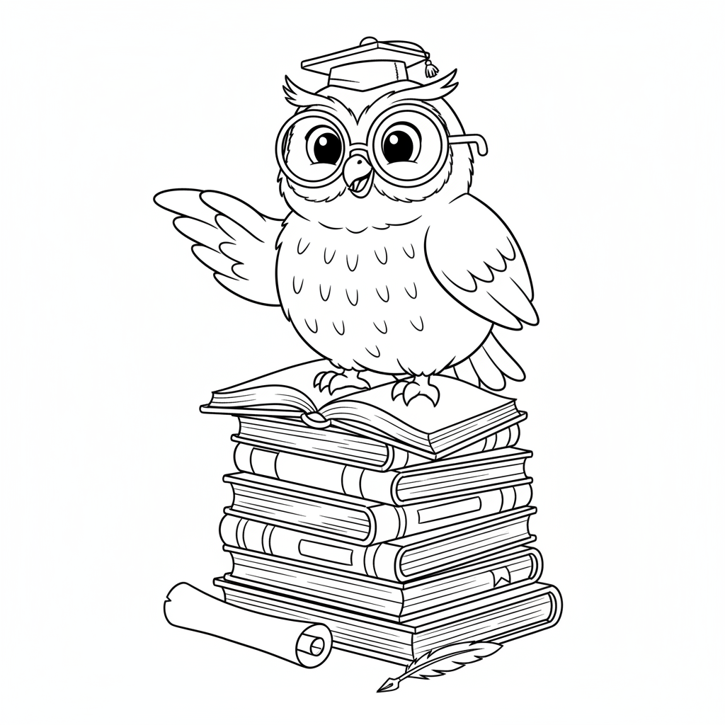 Mądra sowa w okularach, siedząca na stosie książek, symbolizująca mądrego nauczyciela, kolorowanka dla dzieci, czarn...