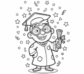 Szczęśliwy nauczyciel trzymający dyplom, z gwiazdkami i konfetti spadającymi wokół, kolorowanka dla dzieci, czarne k...