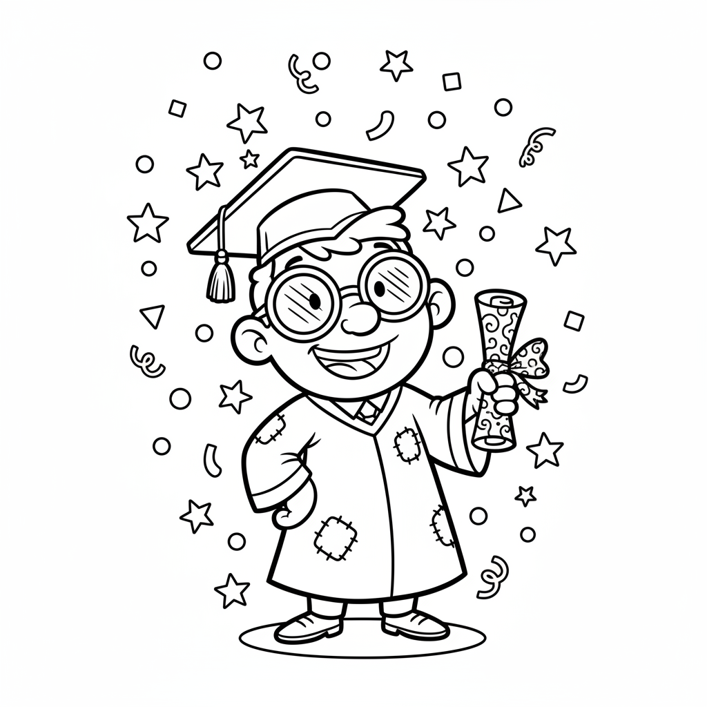 Szczęśliwy nauczyciel trzymający dyplom, z gwiazdkami i konfetti spadającymi wokół, kolorowanka dla dzieci, czarne k...