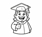 Szczęśliwy nauczyciel dający znak kciukiem w g&oacute;rę, w birecie, kolorowanka dla dzieci, czarne kontury, białe tło.