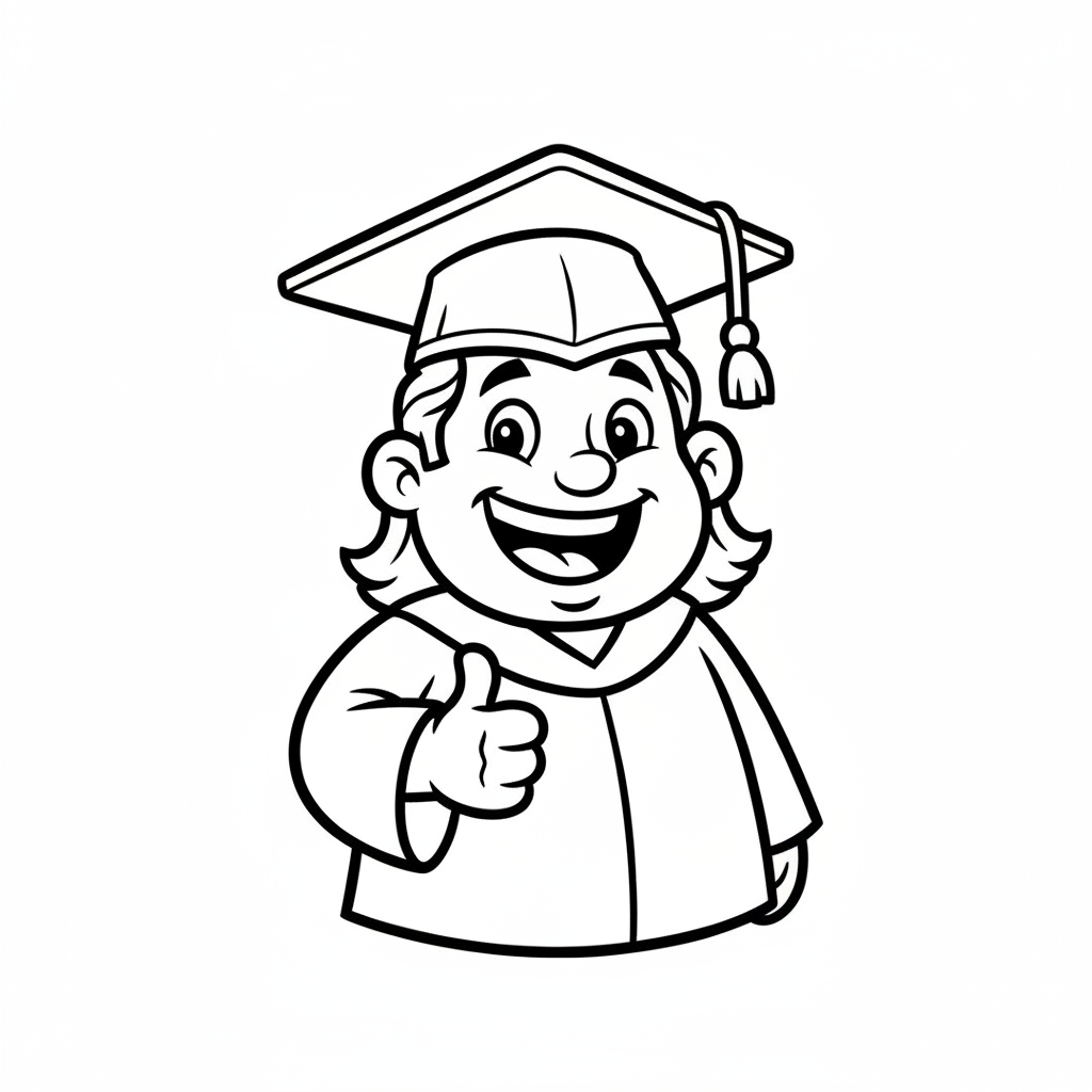 Szczęśliwy nauczyciel dający znak kciukiem w górę, w birecie, kolorowanka dla dzieci, czarne kontury, białe tło.