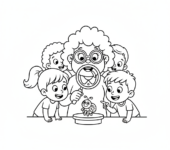 Nauczyciel trzymający lupę, przyglądający się z bliska małemu przedmiotowi z uczniami, kolorowanka dla dzieci, czarn...