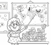 Nauczyciel wskazujący na mapę świata na ścianie w klasie, uczący geografii, kolorowanka dla dzieci, czarne kontury, b...