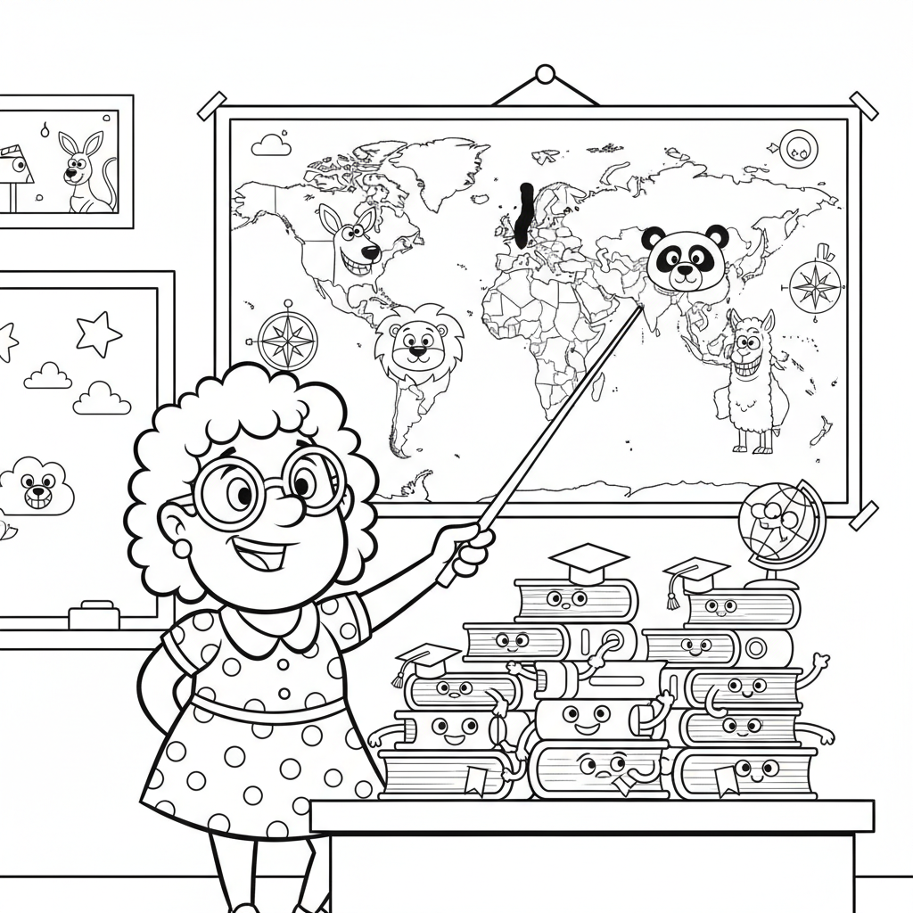 Nauczyciel wskazujący na mapę świata na ścianie w klasie, uczący geografii, kolorowanka dla dzieci, czarne kontury, b...