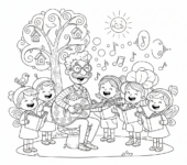 Nauczyciel muzyki grający na gitarze, podczas gdy dzieci śpiewają, kolorowanka dla dzieci, czarne kontury, białe tło.