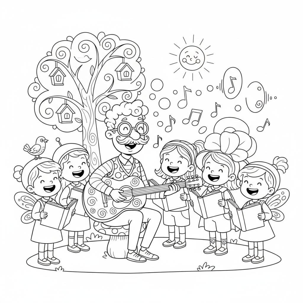 Nauczyciel muzyki grający na gitarze, podczas gdy dzieci śpiewają, kolorowanka dla dzieci, czarne kontury, białe tło.