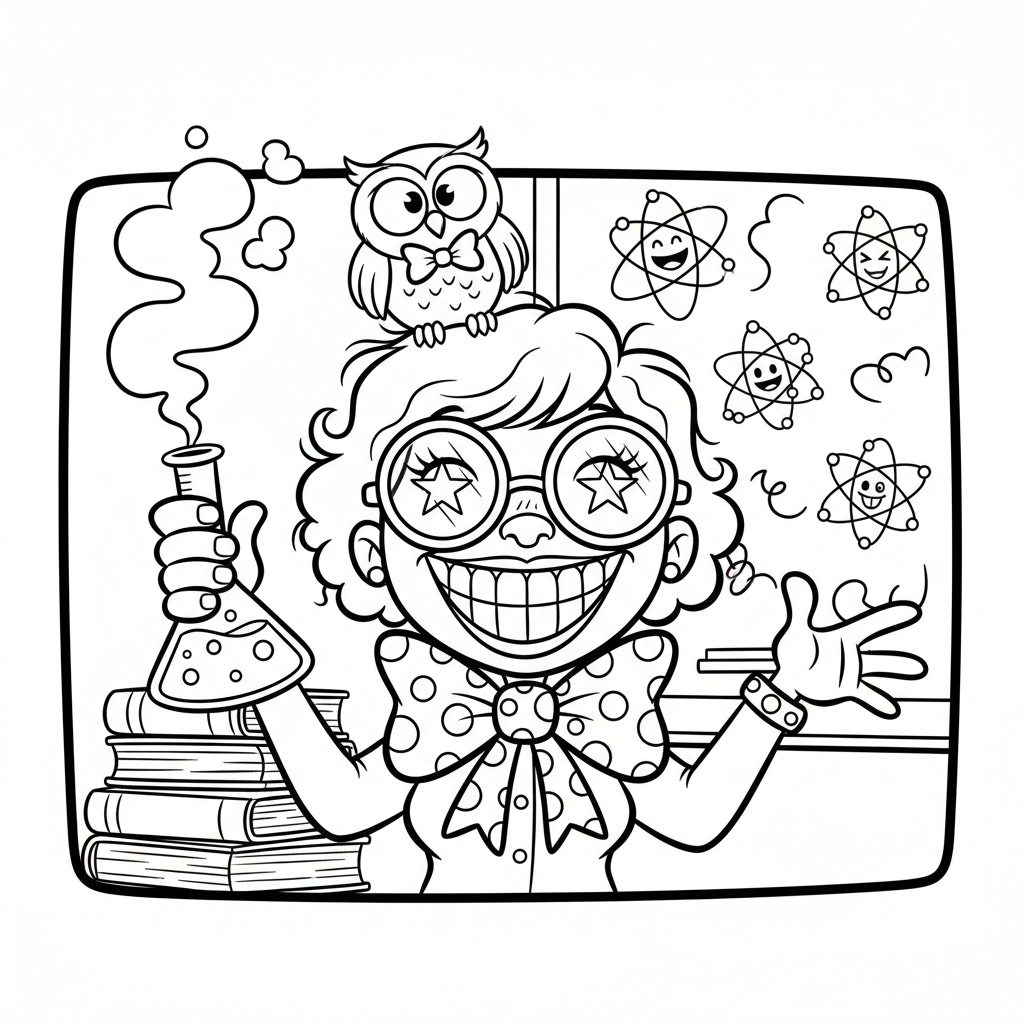 Humorystyczna scena z nauczycielem w za dużych okularach i muszce, wyglądającym entuzjastycznie, kolorowanka dla dzieci...