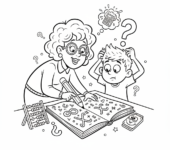 Nauczyciel pomagający uczniowi w trudnym zadaniu matematycznym w zeszycie, kolorowanka dla dzieci, czarne kontury, białe...