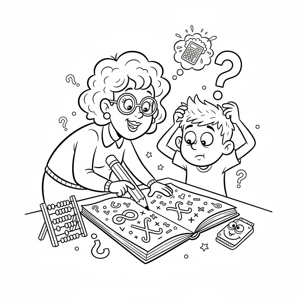 Nauczyciel pomagający uczniowi w trudnym zadaniu matematycznym w zeszycie, kolorowanka dla dzieci, czarne kontury, białe...