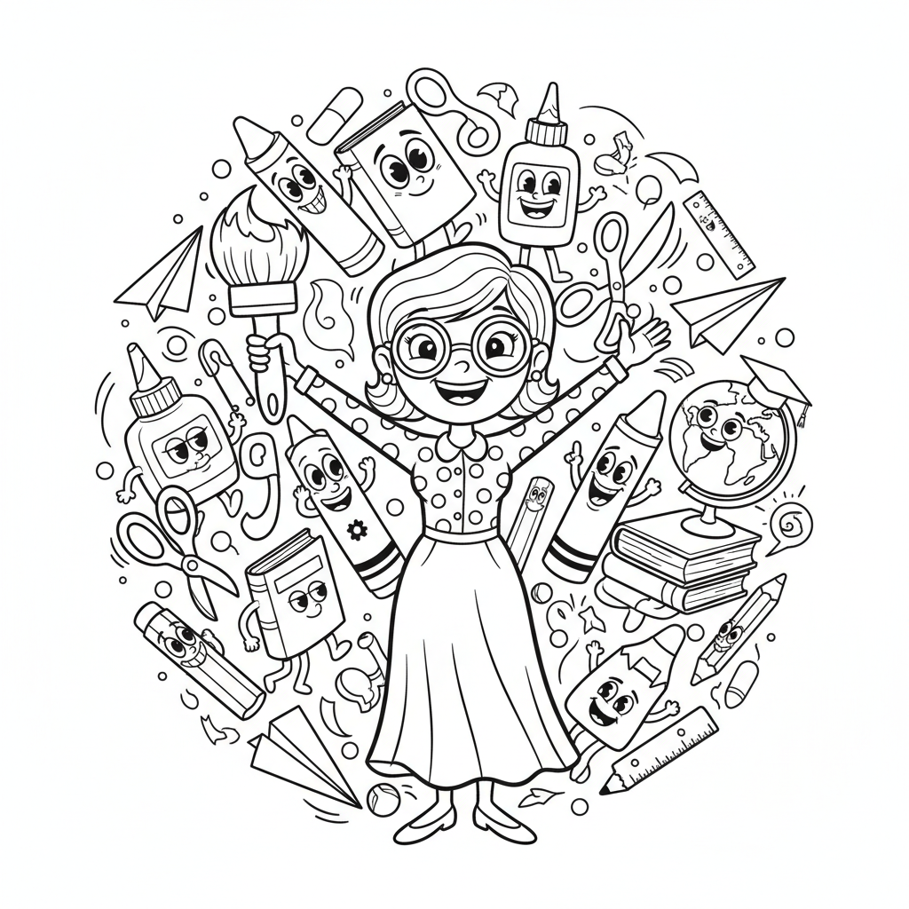 Nauczyciel otoczony różnorodnymi przyborami szkolnymi: kredkami, klejem, nożyczkami, kolorowanka dla dzieci, czarne kon...