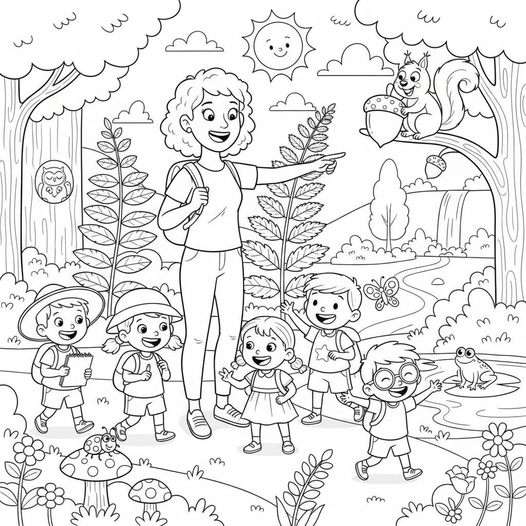 Nauczyciel prowadzący dzieci na spacer przyrodniczy, wskazujący rośliny i zwierzęta, kolorowanka dla dzieci, czarne ko...