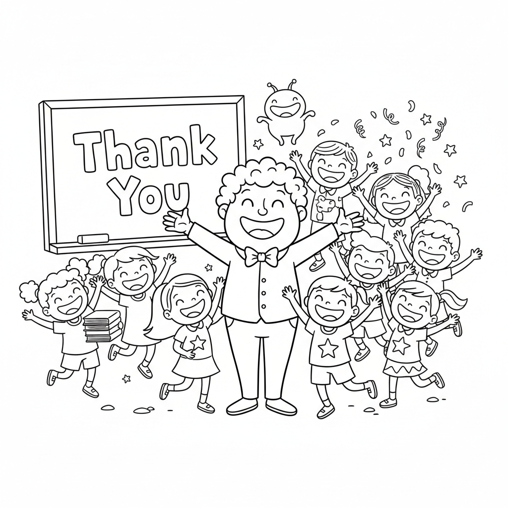 Uśmiechnięty nauczyciel przy tablicy z napisem "Dziękujemy", otoczony radosnymi uczniami, kolorowanka dla dzieci, czarn...