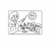 Nauczyciel chemii pokazujący uczniom model układu słonecznego, kolorowanka dla dzieci, czarne kontury, białe tło.