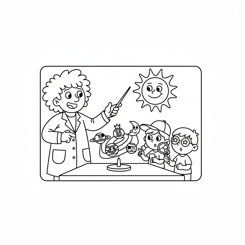 Nauczyciel chemii pokazujący uczniom model układu słonecznego, kolorowanka dla dzieci, czarne kontury, białe tło.