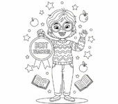 Nauczyciel trzymający złoty medal z napisem "Najlepszy Nauczyciel", kolorowanka dla dzieci, czarne kontury, białe tło.