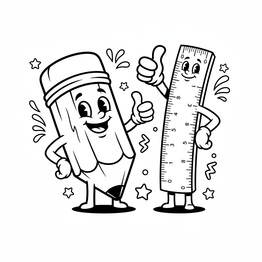 Uśmiechnięta postać ołówka i linijki dająca kciuk w górę, kolorowanka dla dzieci, czarne kontury, białe tło.