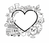 Duże czerwone serce z napisem "Kochamy Naszą Szkołę", otoczone wesołymi postaciami szkolnymi, kolorowanka dla dzieci,...