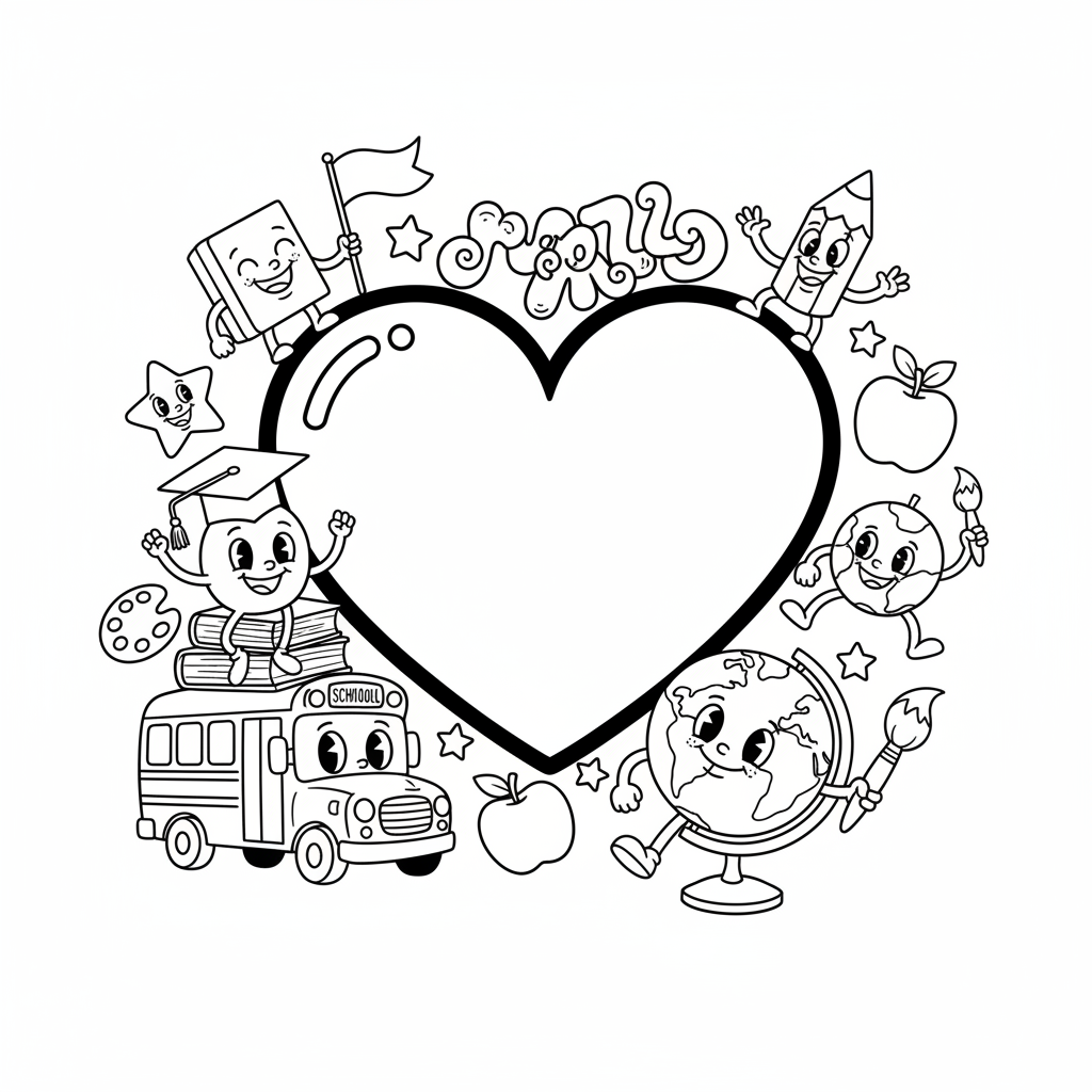Duże czerwone serce z napisem "Kochamy Naszą Szkołę", otoczone wesołymi postaciami szkolnymi, kolorowanka dla dzieci,...
