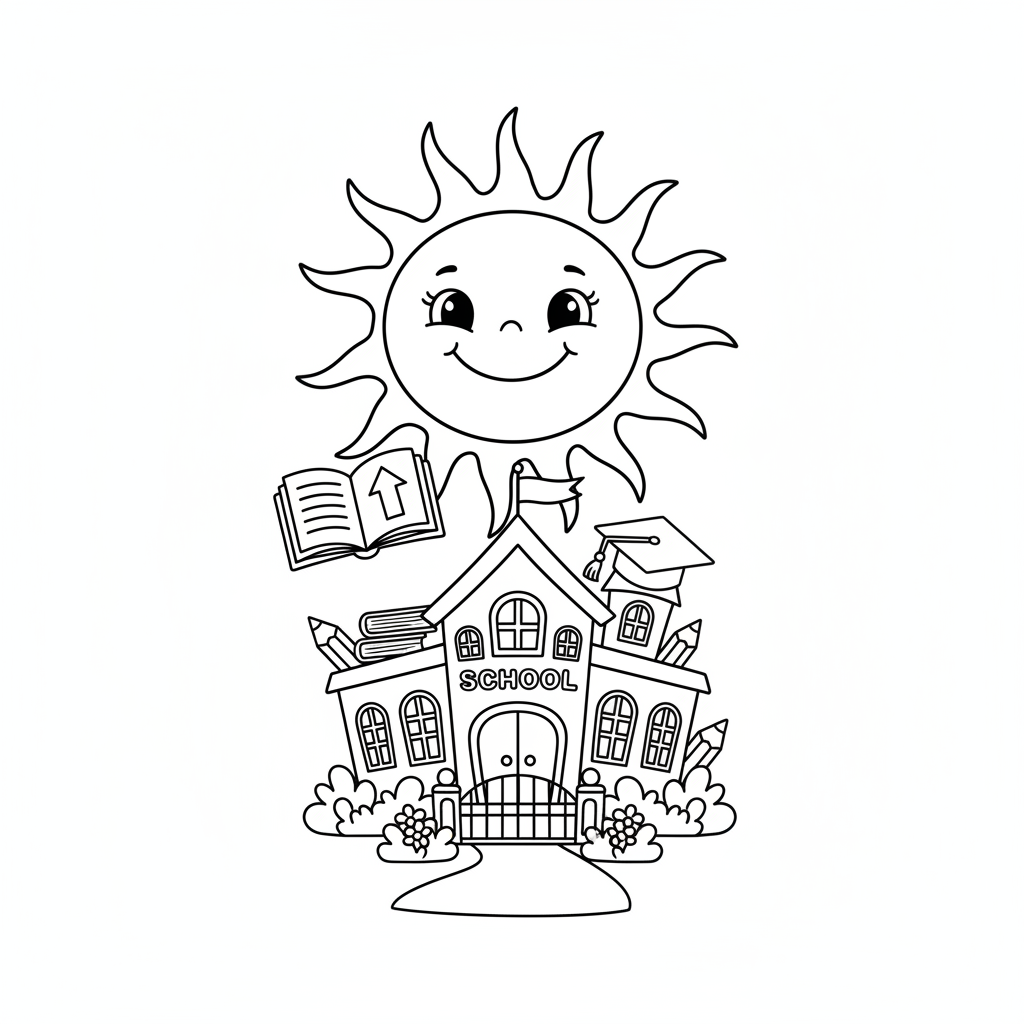 Uśmiechnięte słońce świecące nad budynkiem szkoły, symbolizujące świetlaną przyszłość dzięki edukacji, black...