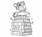 Stos książek z czapką absolwenta na szczycie, symbolizujący wiedzę i naukę, kolorowanka dla dzieci, czarne kontury, ...