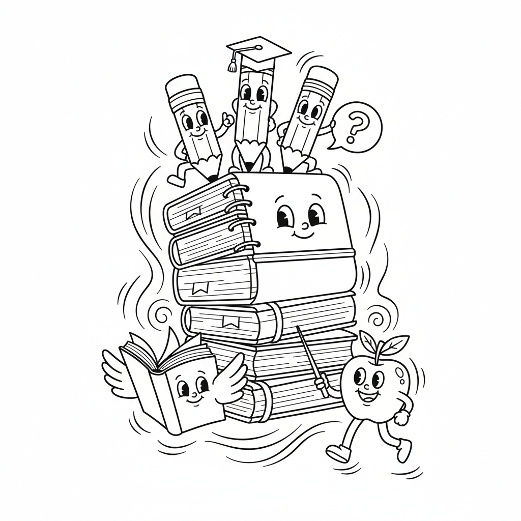 Stos starannie zorganizowanych zeszytów i ołówków na biurku, gotowy do lekcji, kolorowanka dla dzieci, czarne kontury,...