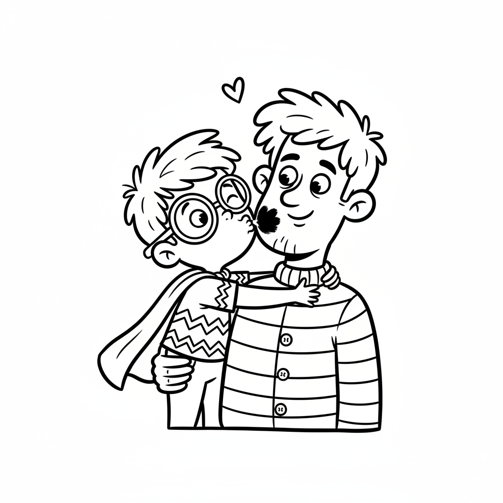 Dziecko dające tacie duży, ciepły uścisk i pocałunek w policzek, kolorowanka dla dzieci, czarne kontury, białe tło.