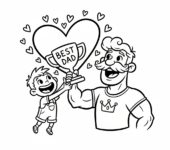 Szczęśliwe dziecko wręczające tacie ręcznie wykonany puchar "Najlepszy Tata", otoczone serduszkami, kolorowanka dla d...