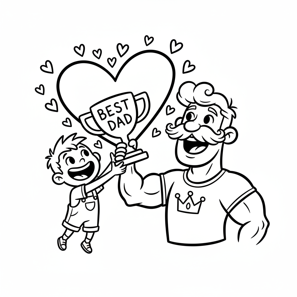 Szczęśliwe dziecko wręczające tacie ręcznie wykonany puchar "Najlepszy Tata", otoczone serduszkami, kolorowanka dla d...