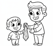 Dziecko dające tacie ręcznie wykonany krawat, z zabawnym wzorem, kolorowanka dla dzieci, czarne kontury, białe tło.