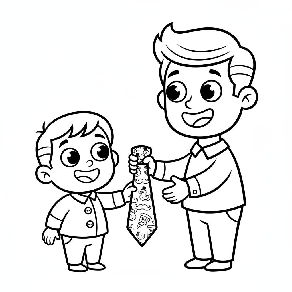 Dziecko dające tacie ręcznie wykonany krawat, z zabawnym wzorem, kolorowanka dla dzieci, czarne kontury, białe tło.
