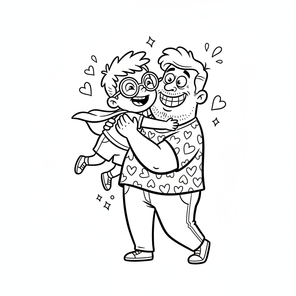 Dziecko dające tacie duży uścisk, okazujące miłość i uczucie, kolorowanka dla dzieci, czarne kontury, białe tło.