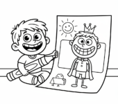 Dziecko rysujące obrazek swojego taty, z szerokim uśmiechem, kolorowanka dla dzieci, czarne kontury, białe tło.