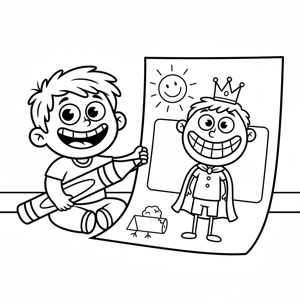 Dziecko rysujące obrazek swojego taty, z szerokim uśmiechem, kolorowanka dla dzieci, czarne kontury, białe tło.