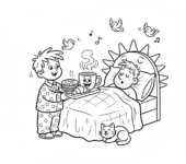 Dziecko podające śniadanie do łóżka swojemu tacie, z uśmiechniętą filiżanką kawy, kolorowanka dla dzieci, czarne...