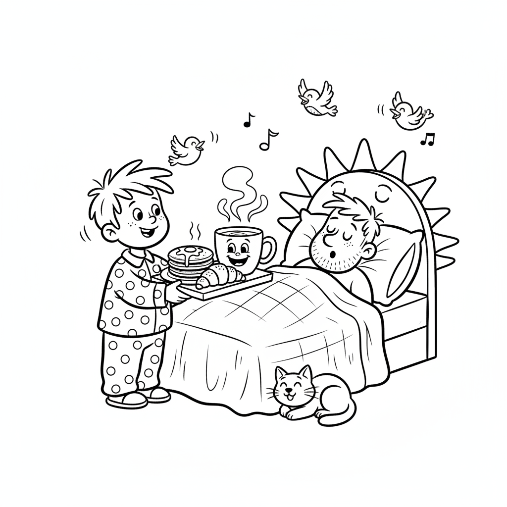 Dziecko podające śniadanie do łóżka swojemu tacie, z uśmiechniętą filiżanką kawy, kolorowanka dla dzieci, czarne...