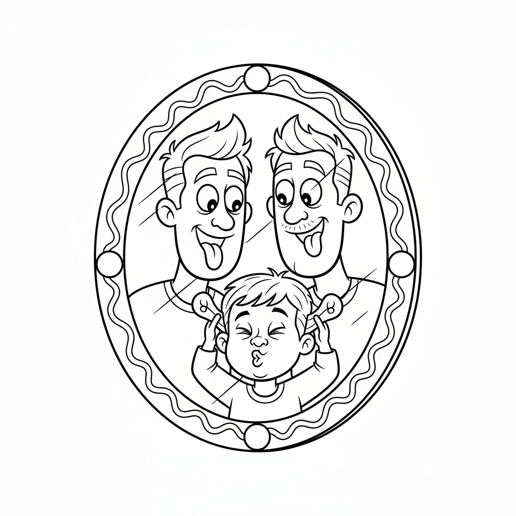 Dziecko i tata robiący śmieszne miny w lustrze, kolorowanka dla dzieci, czarne kontury, białe tło.