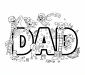 Duży napis "TATA" z klocków, z dziećmi dekorującymi każdą literę, kolorowanka dla dzieci, czarne kontury, białe tło.