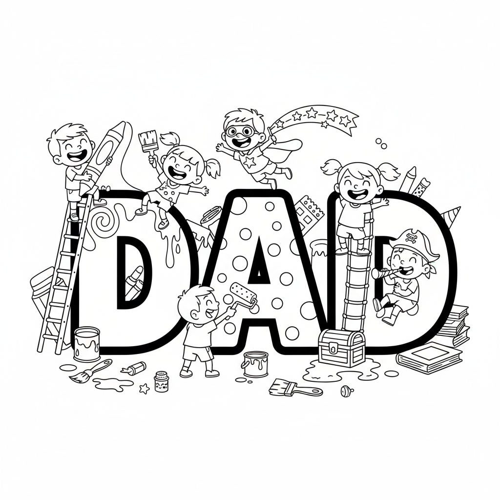 Duży napis "TATA" z klocków, z dziećmi dekorującymi każdą literę, kolorowanka dla dzieci, czarne kontury, białe tło.