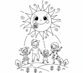 Uśmiechnięte słońce z odznaką "Najlepszy Tata", świecące jasno nad szczęśliwą rodziną, black outline, white bac...