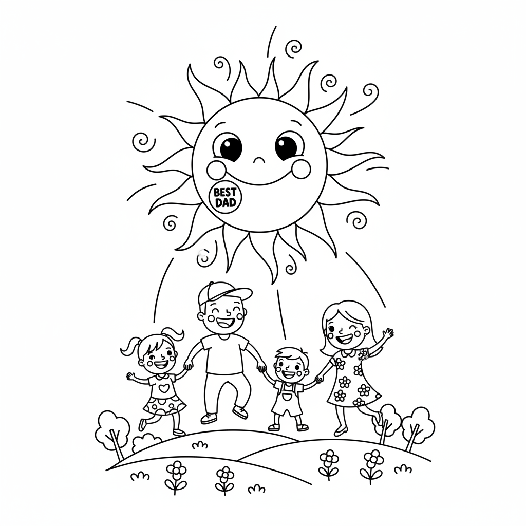 Uśmiechnięte słońce z odznaką "Najlepszy Tata", świecące jasno nad szczęśliwą rodziną, black outline, white bac...