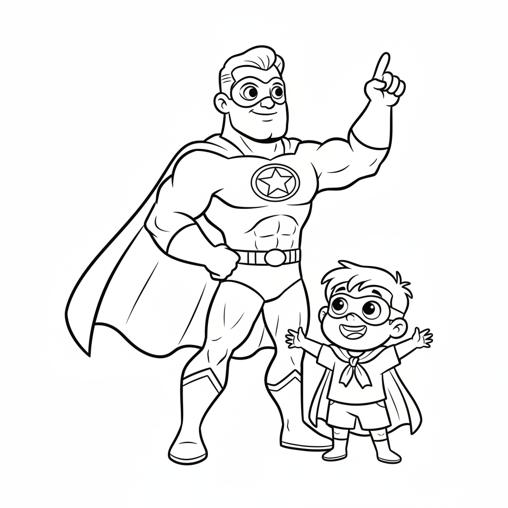 Tata superbohater w pelerynie i masce, z dzieckiem patrzącym na niego z podziwem, kolorowanka dla dzieci, czarne kontury,...