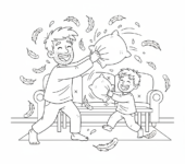 Tata i dziecko urządzający bitwę na poduszki w salonie, z latającymi piórami, kolorowanka dla dzieci, czarne kontury,...