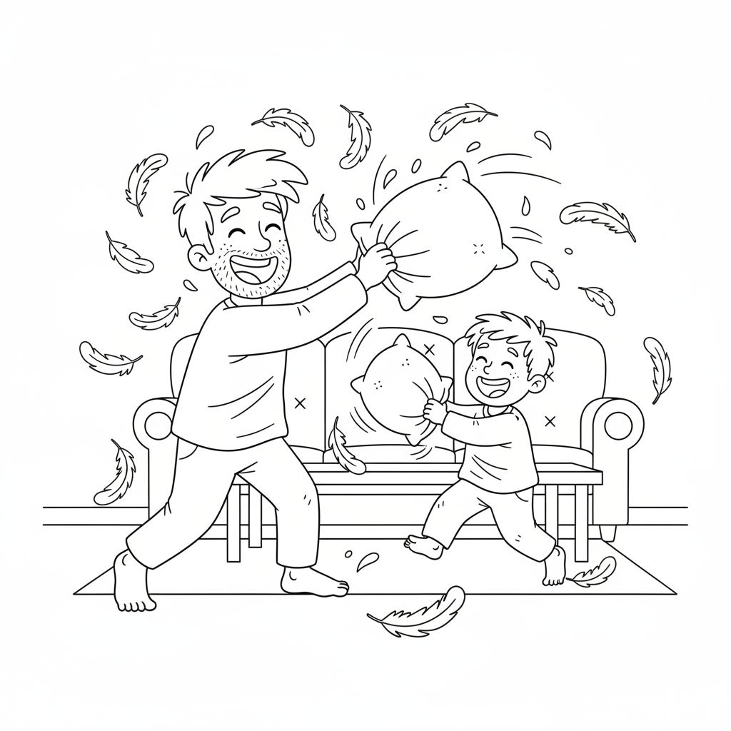 Tata i dziecko urządzający bitwę na poduszki w salonie, z latającymi piórami, kolorowanka dla dzieci, czarne kontury,...