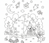 Tata i dziecko biwakujący w namiocie pod gwiaździstym nocnym niebem, z ogniskiem, kolorowanka dla dzieci, czarne kontury...