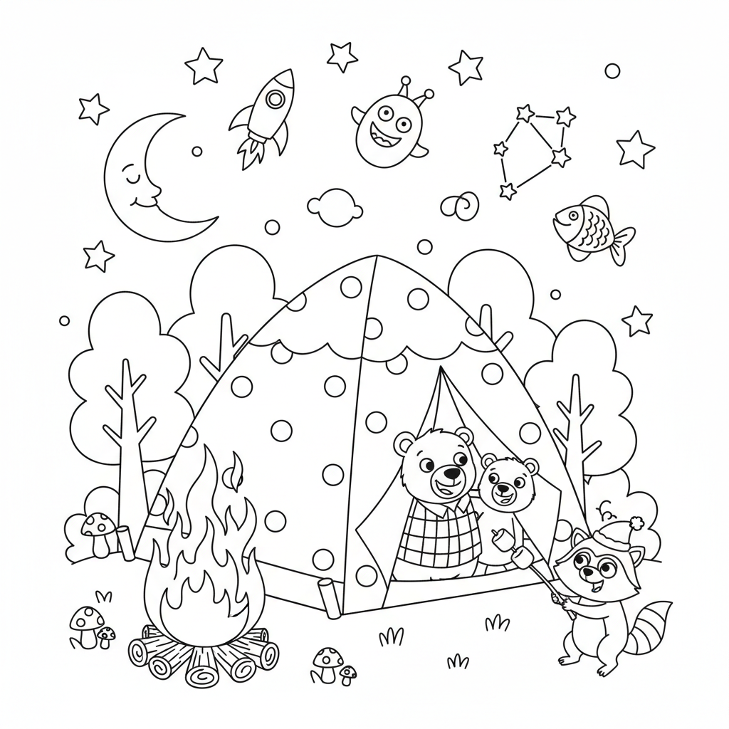 Tata i dziecko biwakujący w namiocie pod gwiaździstym nocnym niebem, z ogniskiem, kolorowanka dla dzieci, czarne kontury...