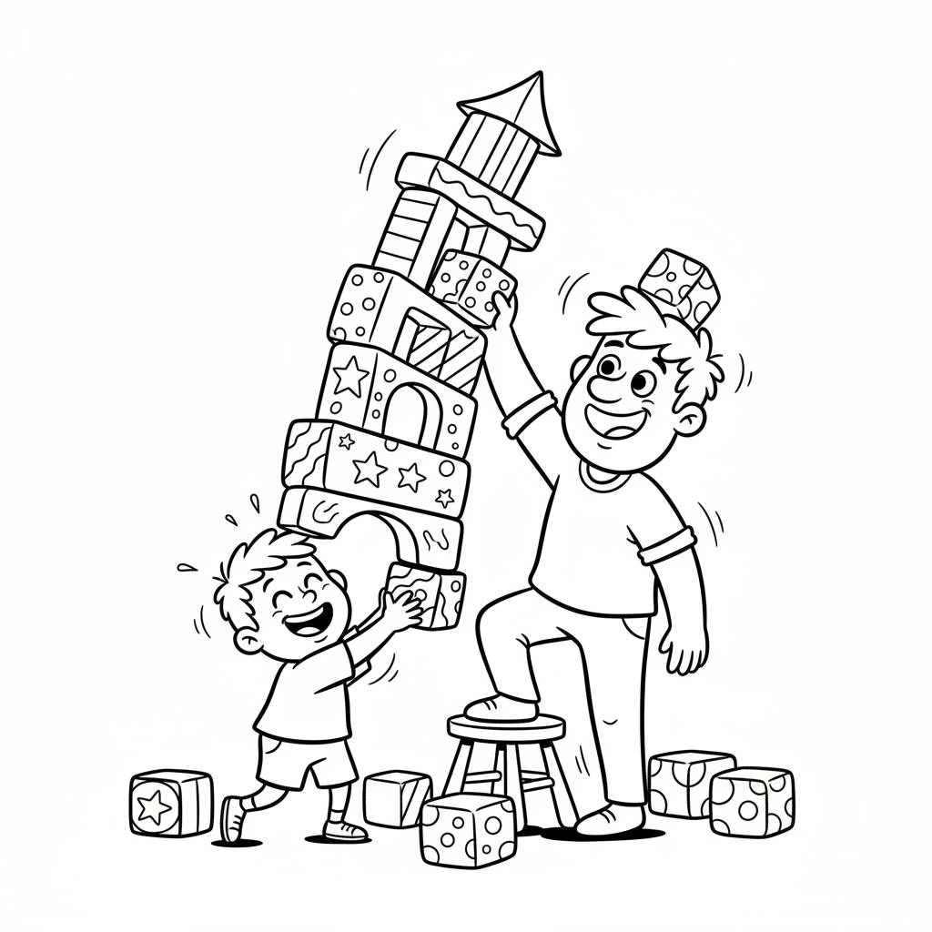 Tata i dziecko budujący razem wysoką wieżę z klocków, pokazując pracę zespołową, kolorowanka dla dzieci, czarne k...