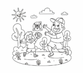 Tata i dziecko grający w baseball w parku, razem się śmiejący, kolorowanka dla dzieci, czarne kontury, białe tło.