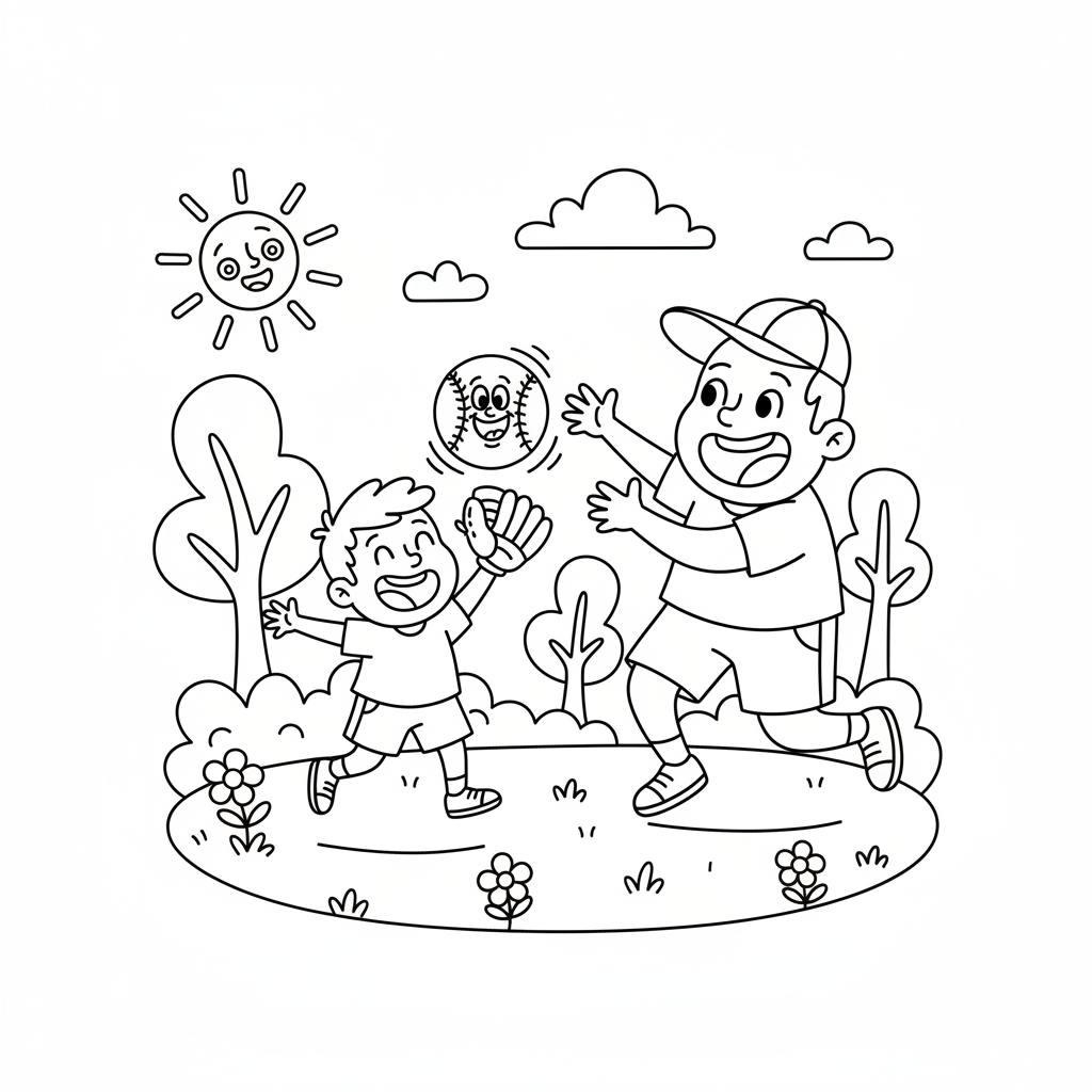 Tata i dziecko grający w baseball w parku, razem się śmiejący, kolorowanka dla dzieci, czarne kontury, białe tło.