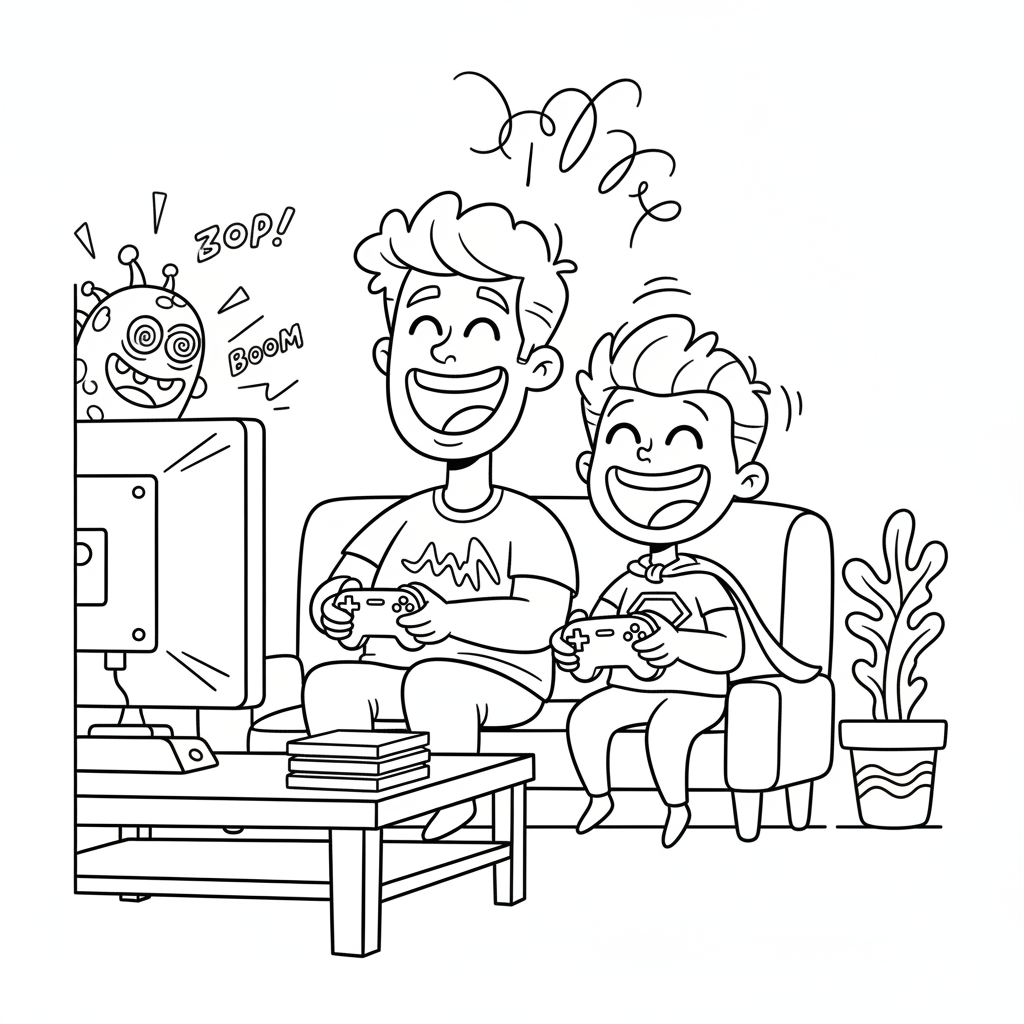 Tata i dziecko grający razem w gry wideo, śmiejący się i dobrze się bawiący, kolorowanka dla dzieci, czarne kontury,...